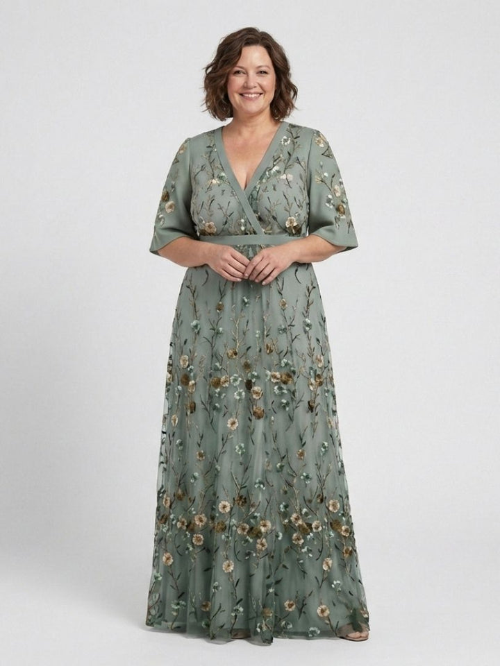 Evadne | Vestito Maxi Floreale con Scollo a V e Maniche Corte