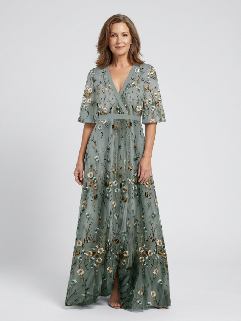 Evadne | Vestito Maxi Floreale con Scollo a V e Maniche Corte