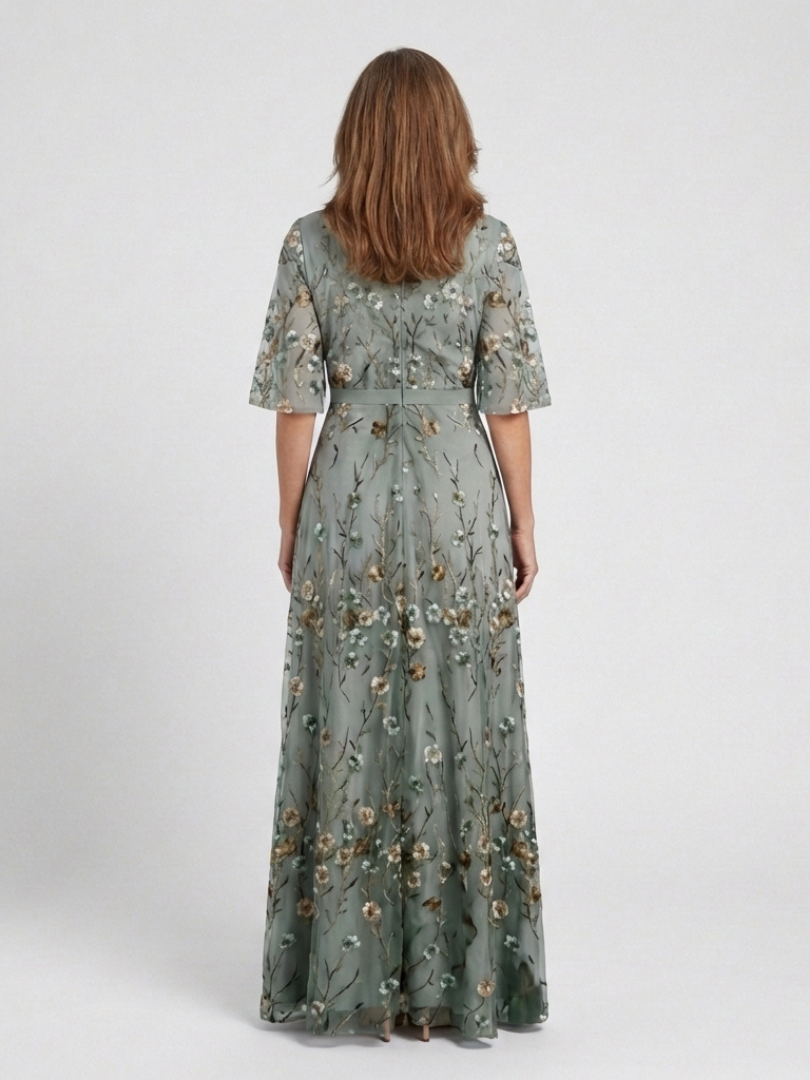 Evadne | Vestito Maxi Floreale con Scollo a V e Maniche Corte