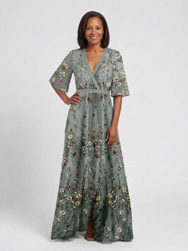 Evadne | Vestito Maxi Floreale con Scollo a V e Maniche Corte