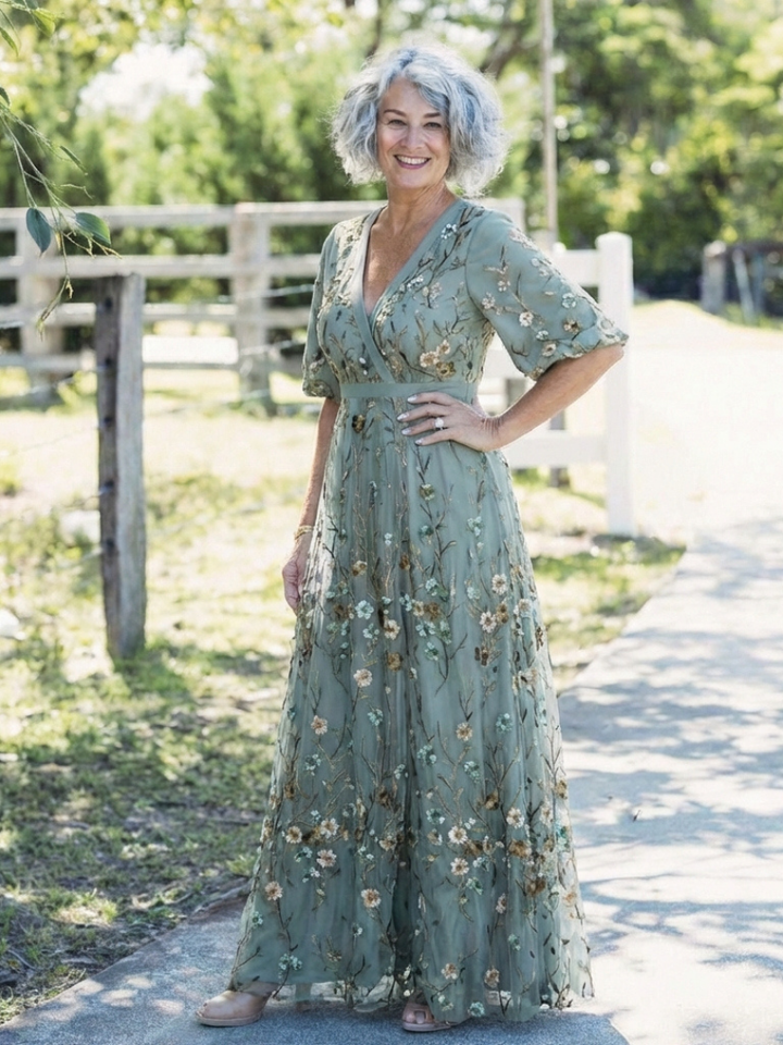 Evadne | Vestito Maxi Floreale con Scollo a V e Maniche Corte