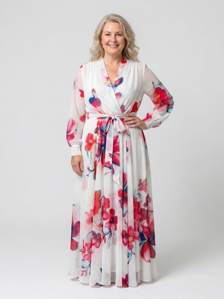 Lillian | Vestito Maxi Avvolgente a Fiori con Maniche Lunghe