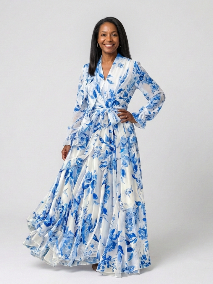 Lillian | Vestito Maxi Avvolgente a Fiori con Maniche Lunghe