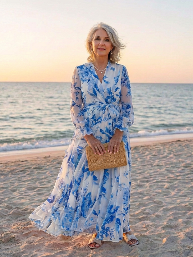 Lillian | Vestito Maxi Avvolgente a Fiori con Maniche Lunghe