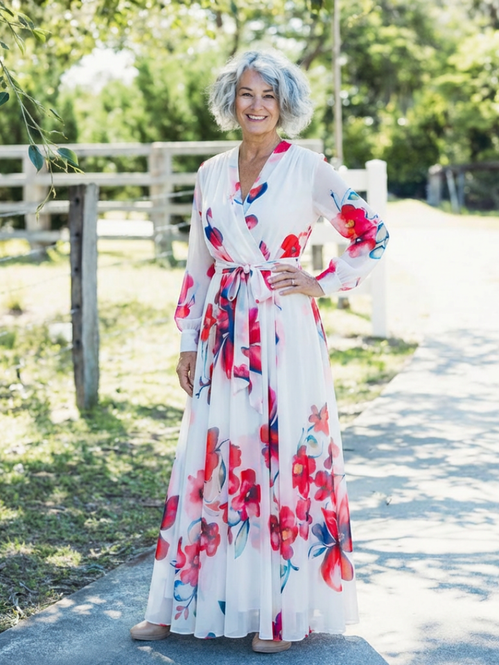 Lillian | Vestito Maxi Avvolgente a Fiori con Maniche Lunghe