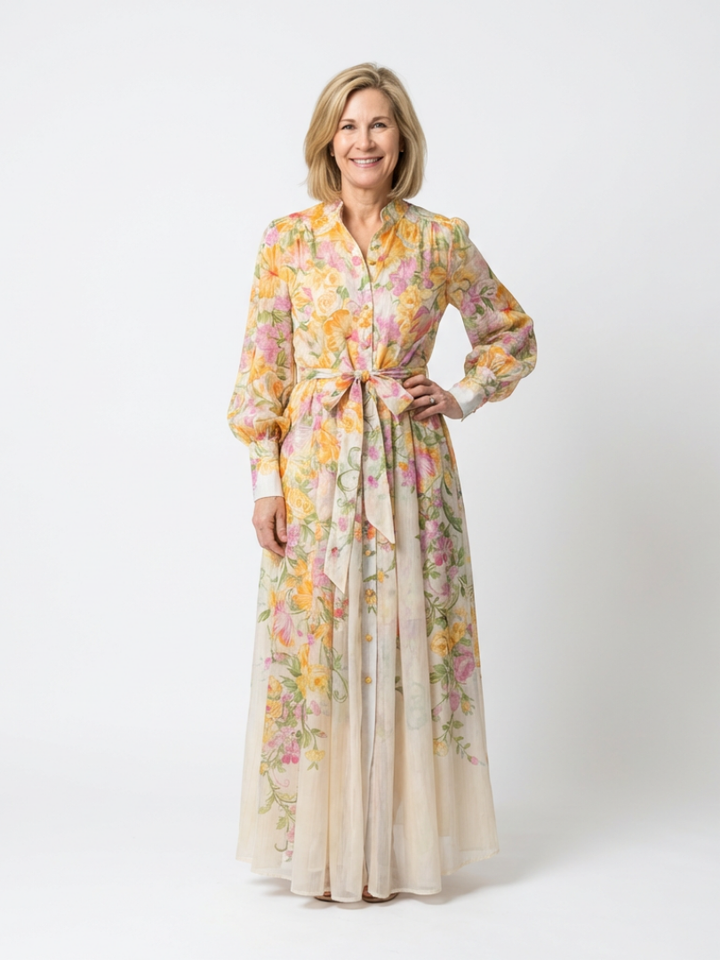 Cressida | Abito Maxi Floreale Trasparente a Maniche Lunghe