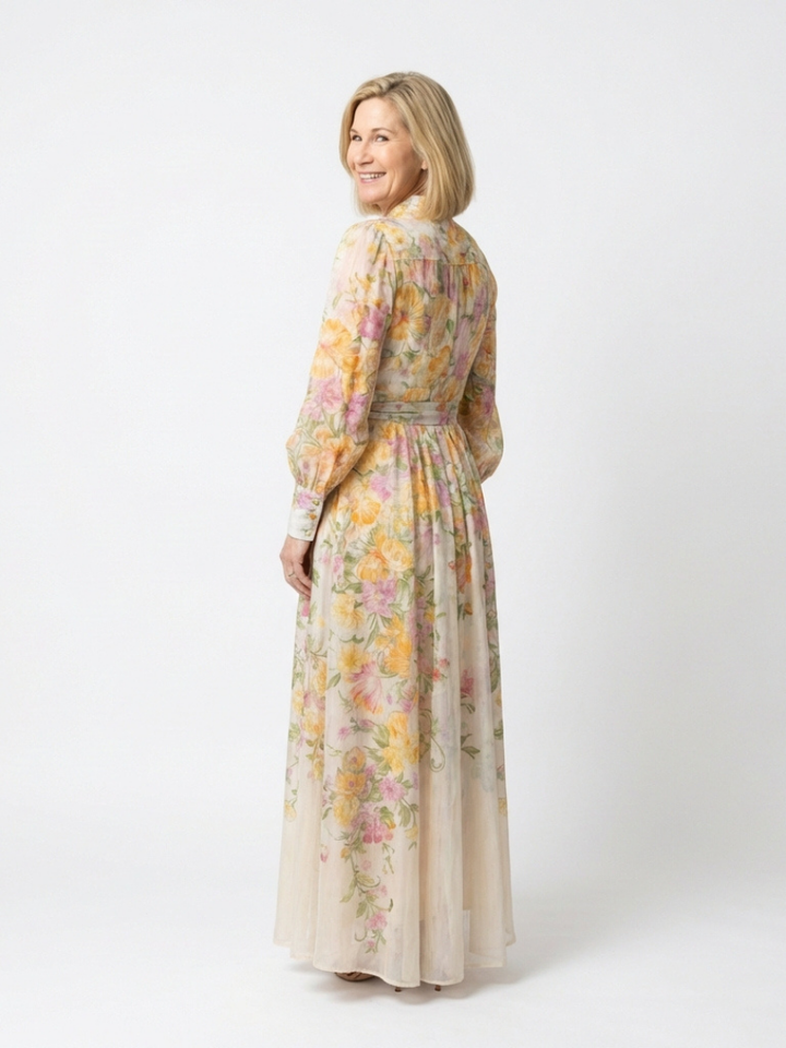 Cressida | Abito Maxi Floreale Trasparente a Maniche Lunghe