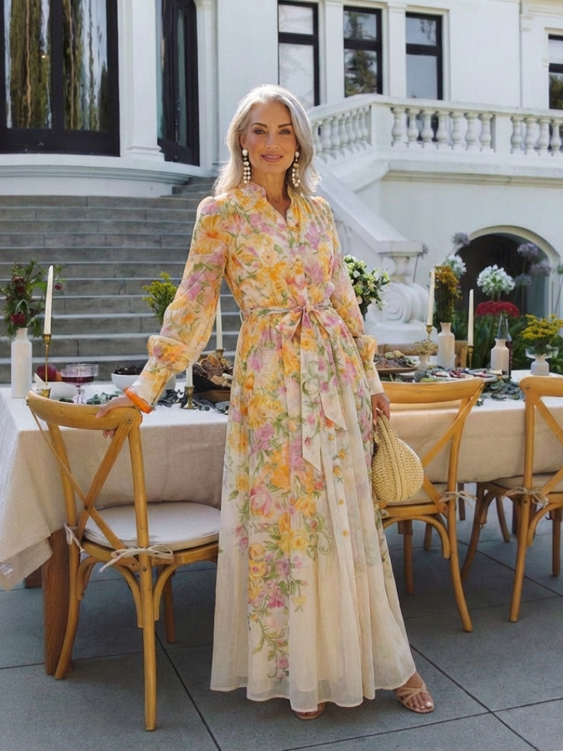Cressida | Abito Maxi Floreale Trasparente a Maniche Lunghe