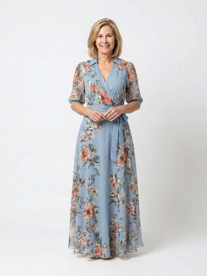 Elowen | Abito Maxi a Fiori con Scollo a V e Drappeggio