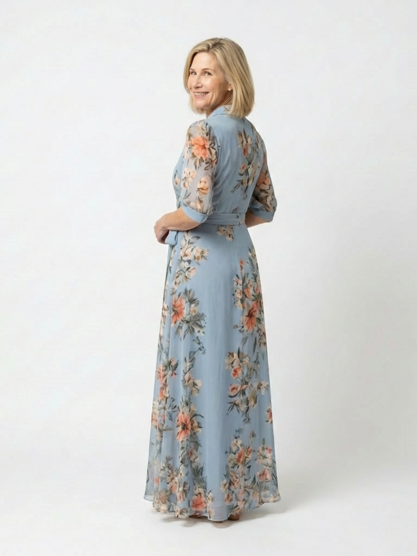 Elowen | Abito Maxi a Fiori con Scollo a V e Drappeggio