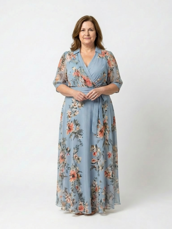 Elowen | Abito Maxi a Fiori con Scollo a V e Drappeggio