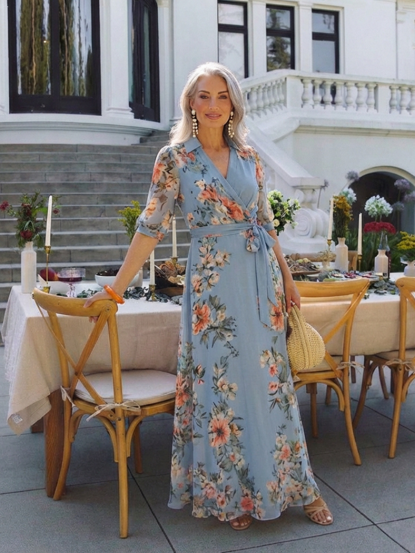 Elowen | Abito Maxi a Fiori con Scollo a V e Drappeggio