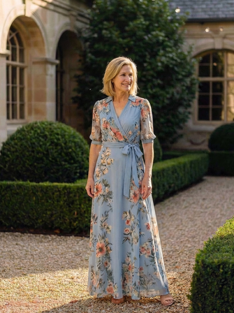 Elowen | Abito Maxi a Fiori con Scollo a V e Drappeggio