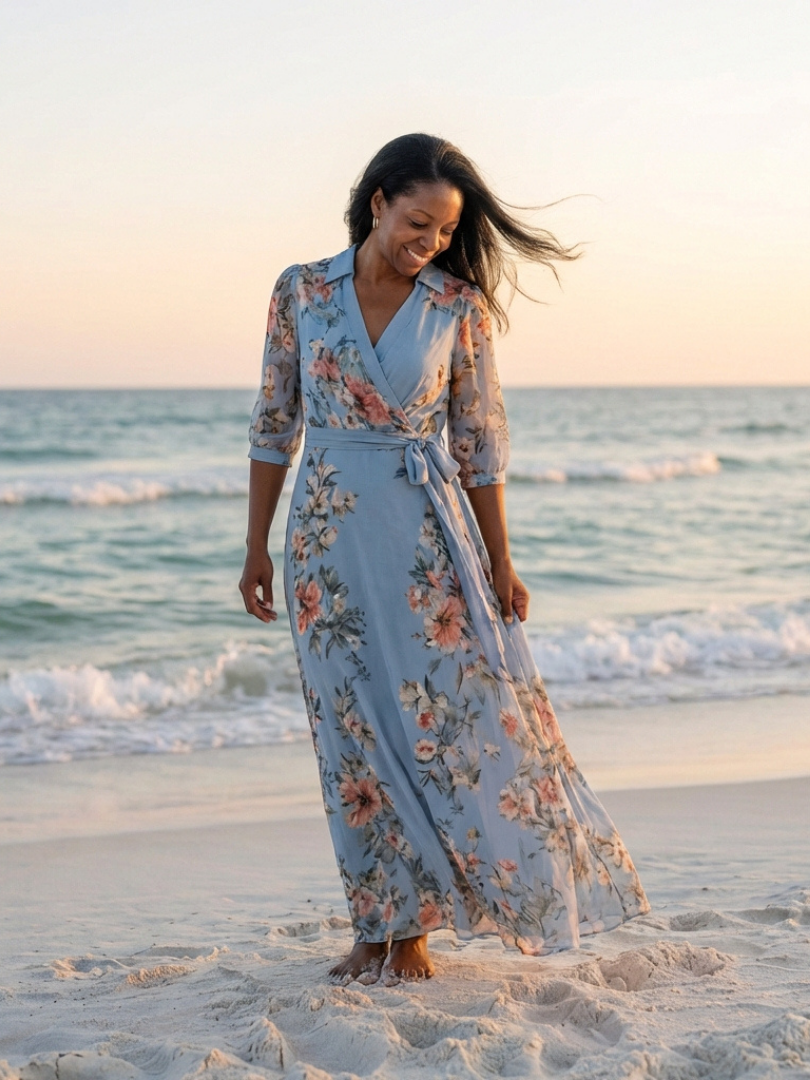 Elowen | Abito Maxi a Fiori con Scollo a V e Drappeggio